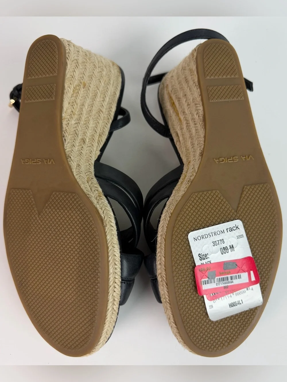 Via Spiga Inna 8 Black Leather Open Toe Woven Espadrille Platform Wedge Sandals